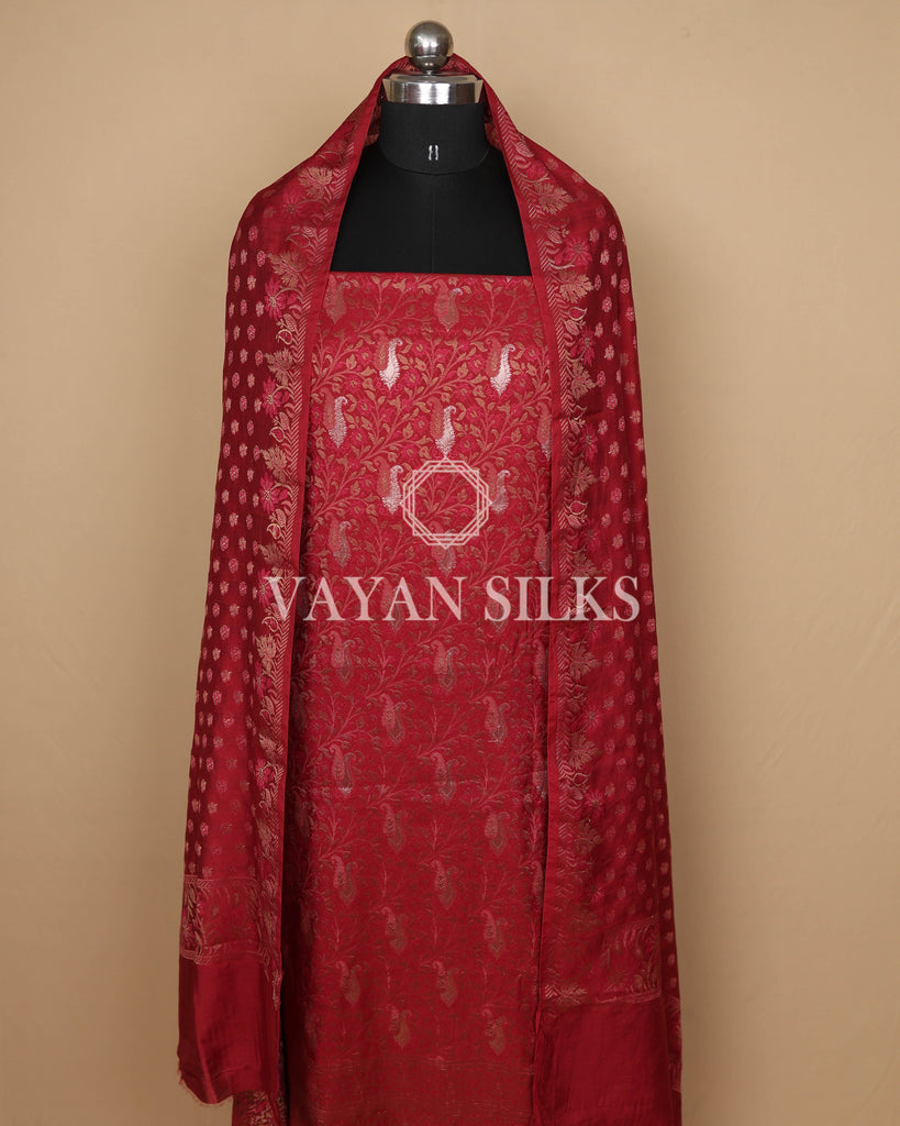 Red Banarasi Silk Unstitched Suit Set