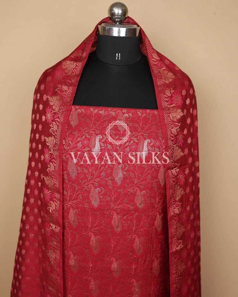 Red Banarasi Silk Unstitched Suit Set