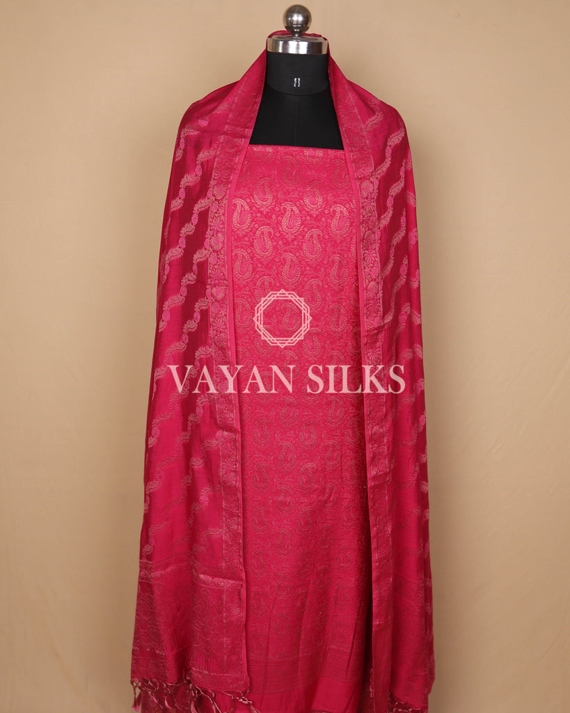 Queen Pink Banarasi Silk Unstitched Suit Set