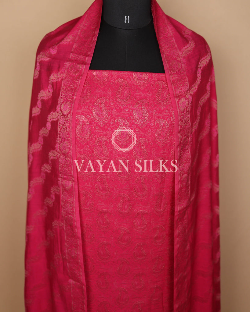 Queen Pink Banarasi Silk Unstitched Suit Set
