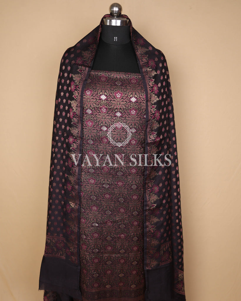Black Pink Banarasi Silk Unstitched Suit Set