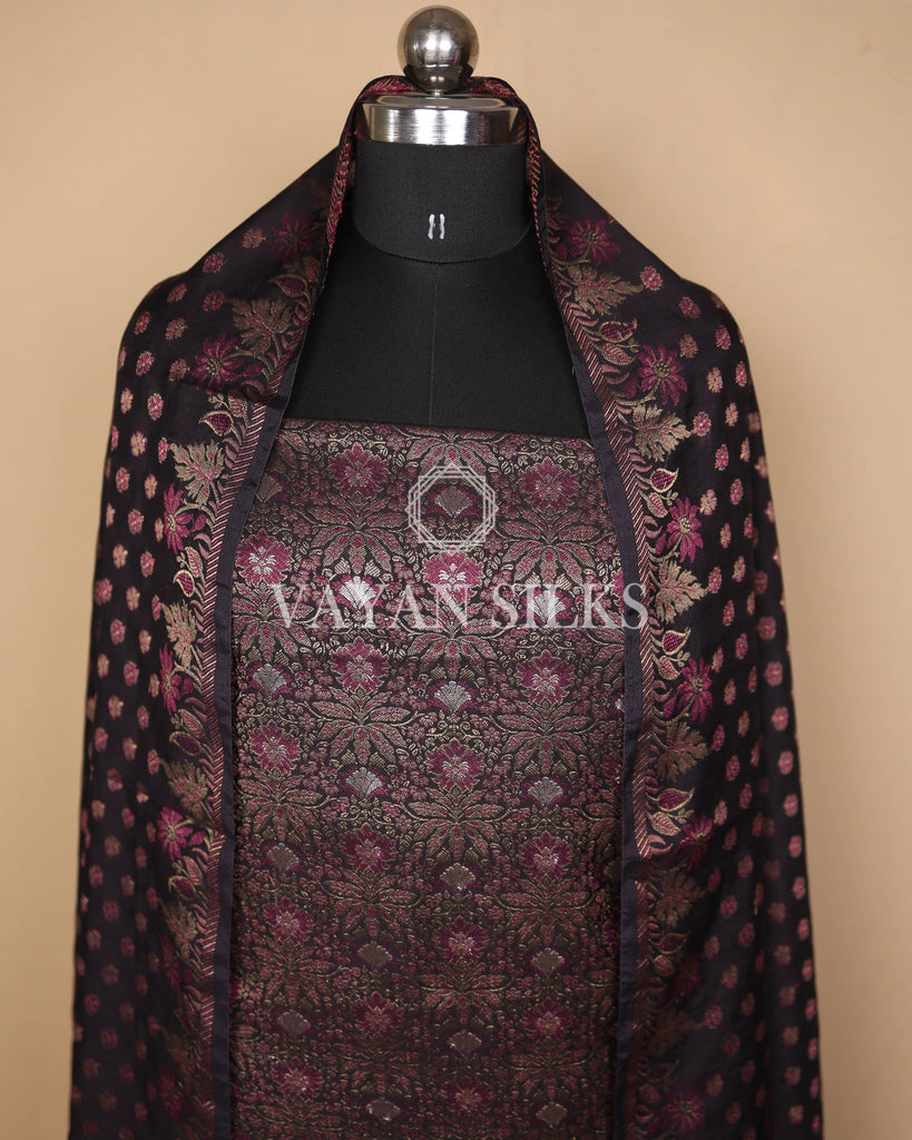 Black Pink Banarasi Silk Unstitched Suit Set