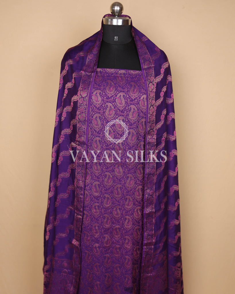 Purple Banarasi Silk Unstitched Suit Set