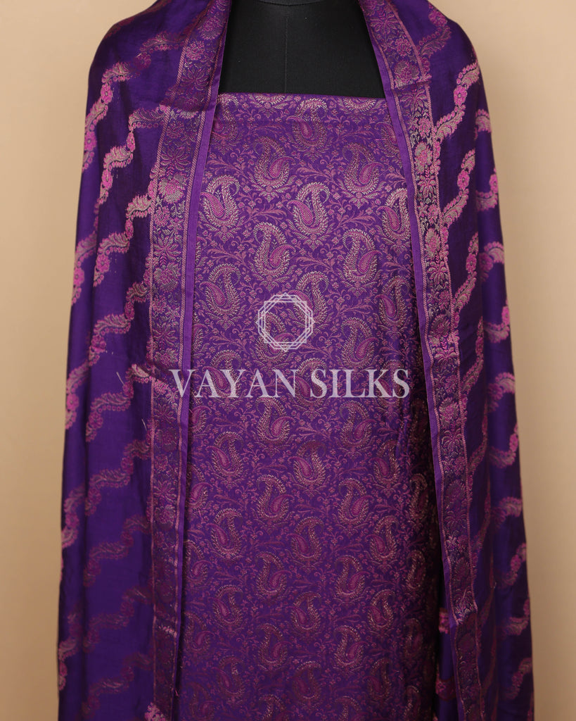 Purple Banarasi Silk Unstitched Suit Set