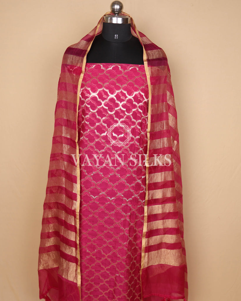 Pink Crushed Banarasi Silk Unstitched Suit Set