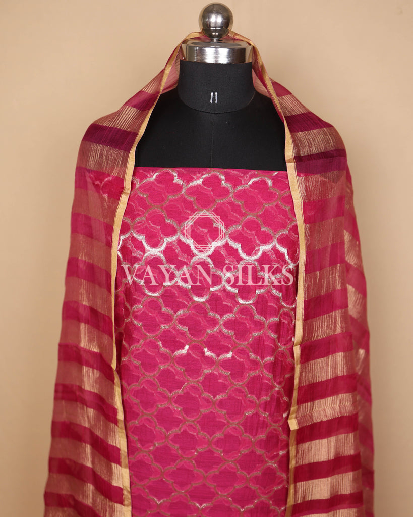 Pink Crushed Banarasi Silk Unstitched Suit Set