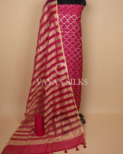 Pink Crushed Banarasi Silk Unstitched Suit Set