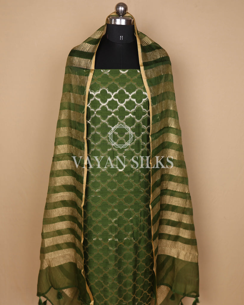 Green Crushed Banarasi Silk Unstitched Suit Set