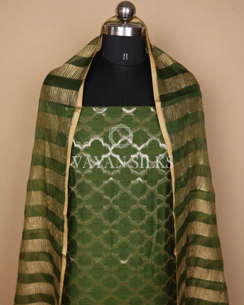Green Crushed Banarasi Silk Unstitched Suit Set