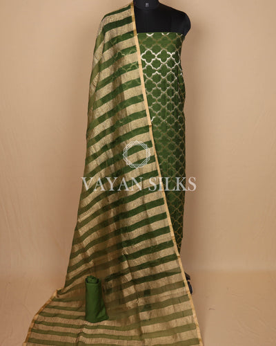 Green Crushed Banarasi Silk Unstitched Suit Set