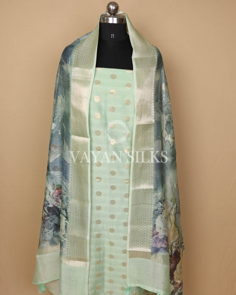 Pastel Mint Green Banarasi Silk Unstitched Suit Set