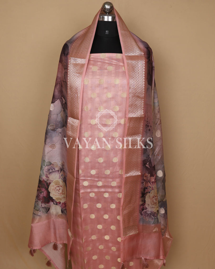 Peach Pink Banarasi Silk Unstitched Suit Set