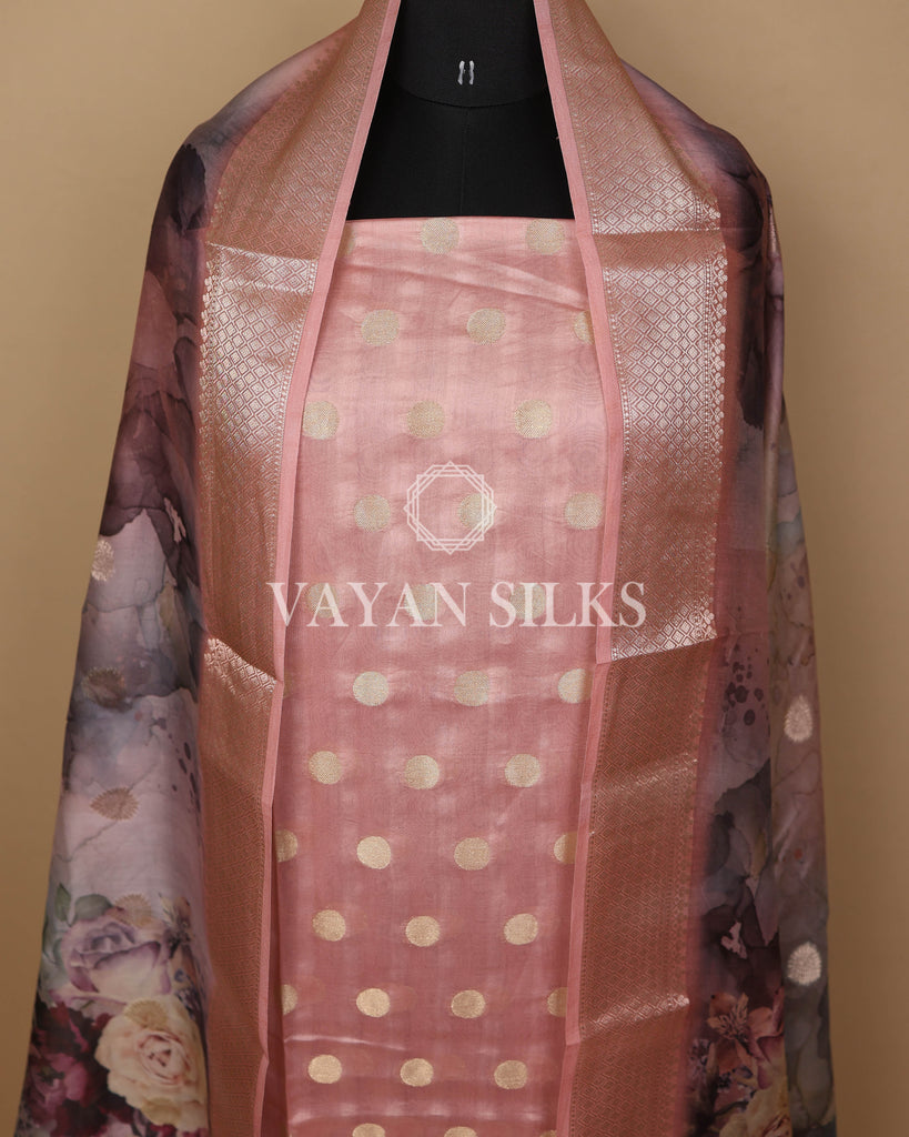 Peach Pink Banarasi Silk Unstitched Suit Set