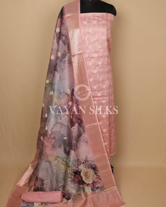 Peach Pink Banarasi Silk Unstitched Suit Set
