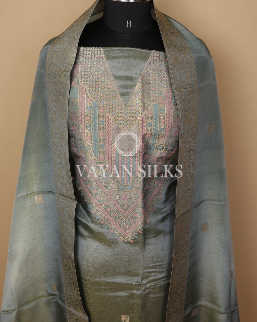 Sage Green Banarasi Silk Unstitched Suit Set