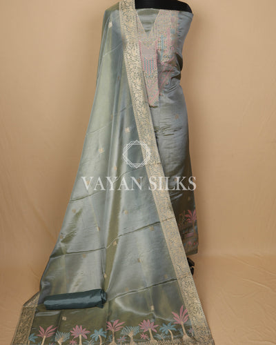 Sage Green Banarasi Silk Unstitched Suit Set