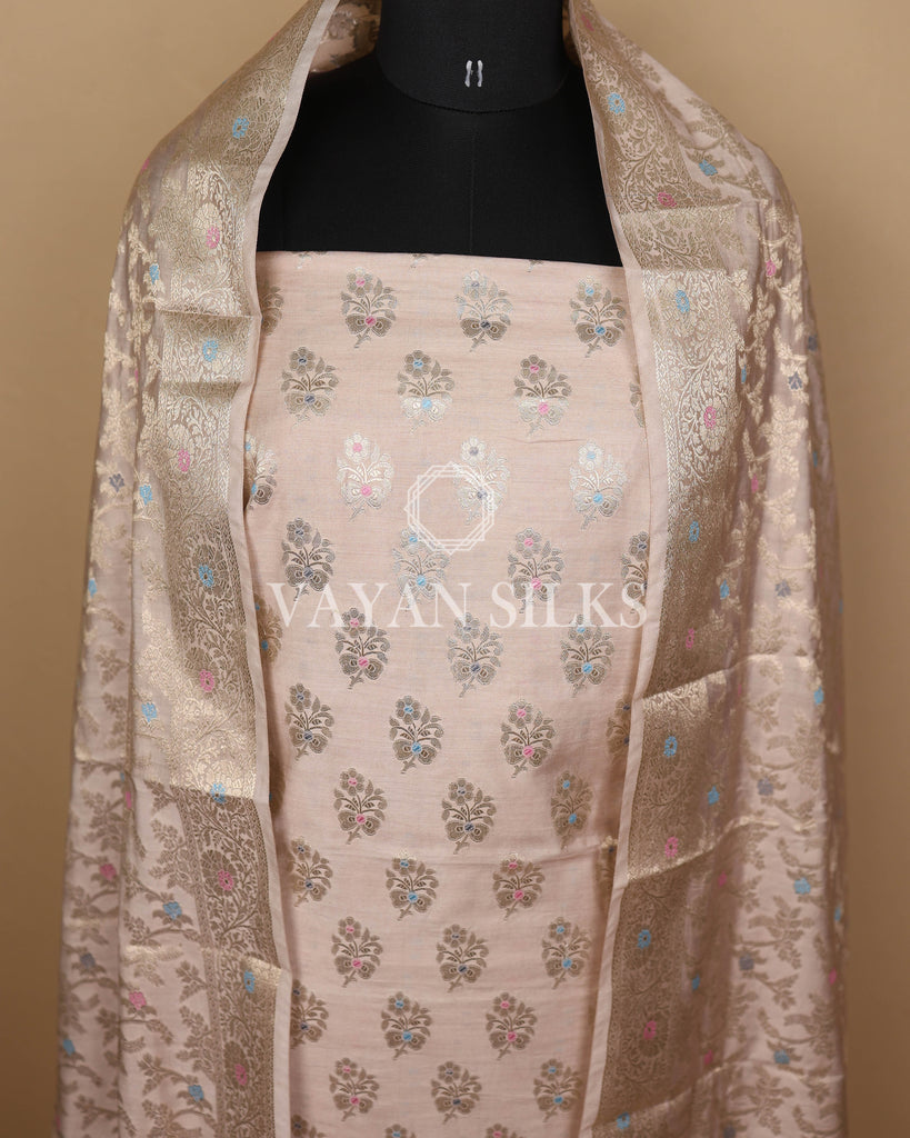 Beige Banarasi Silk Unstitched Suit Set