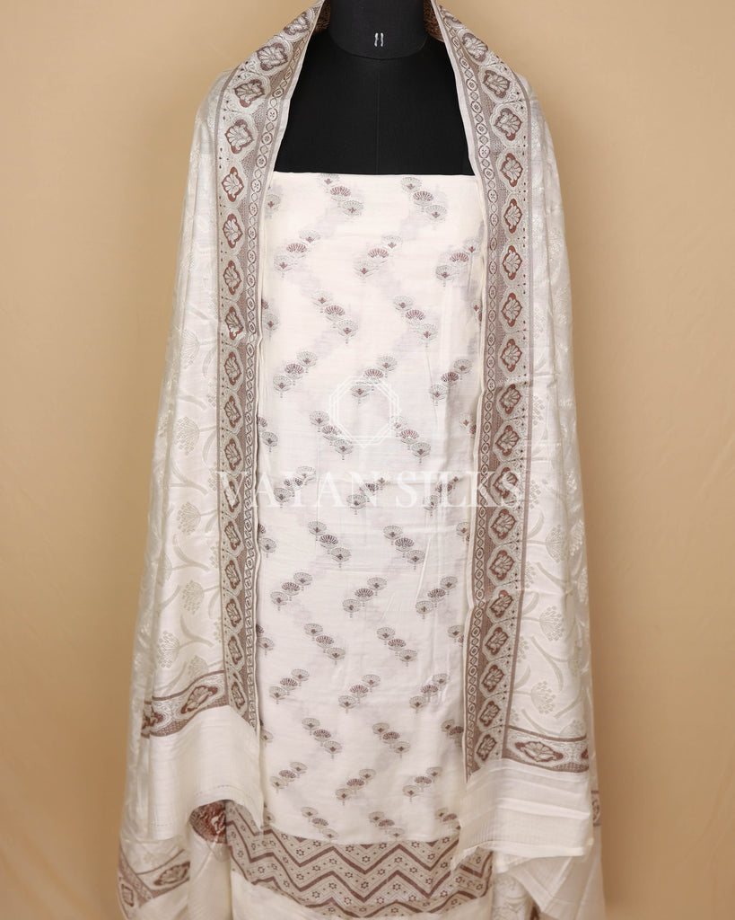 Off White Banarasi Silk Unstitched Suit Set
