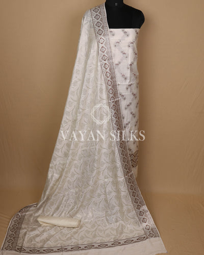 Off White Banarasi Silk Unstitched Suit Set