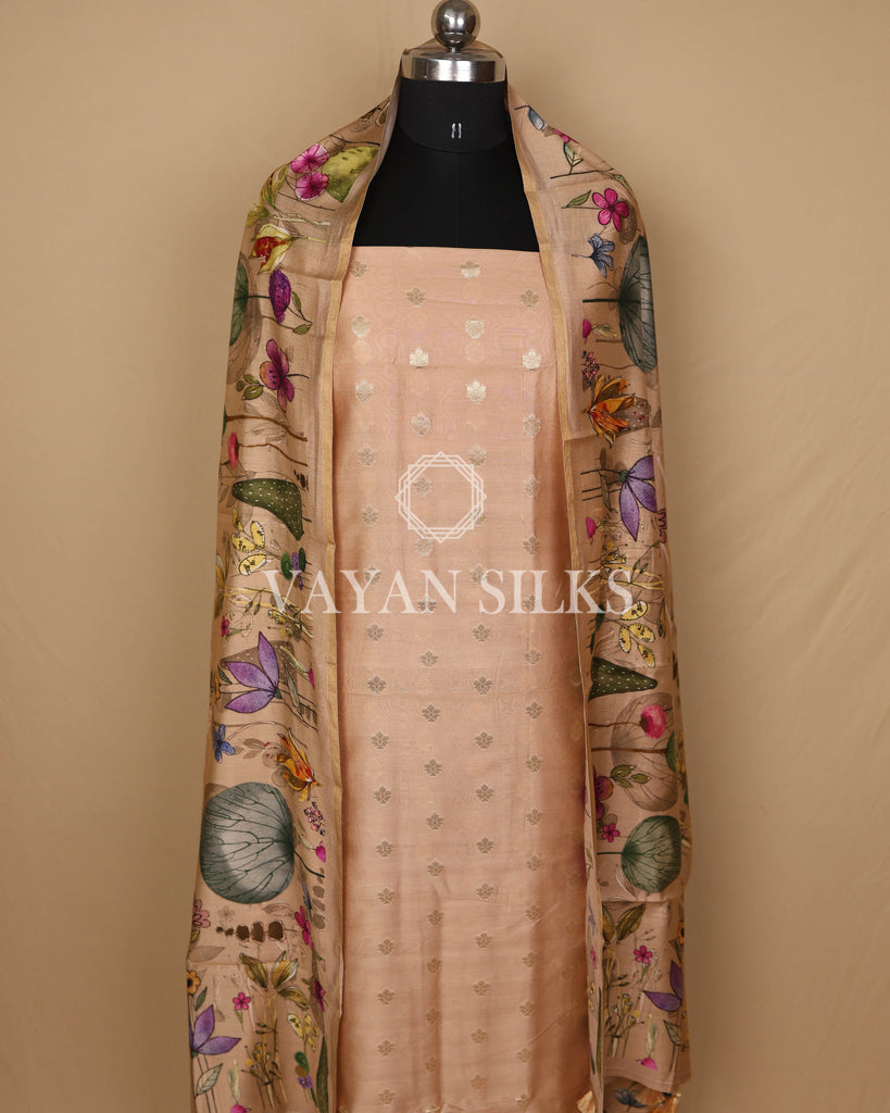 Peach Banarasi Silk Unstitched Suit Set