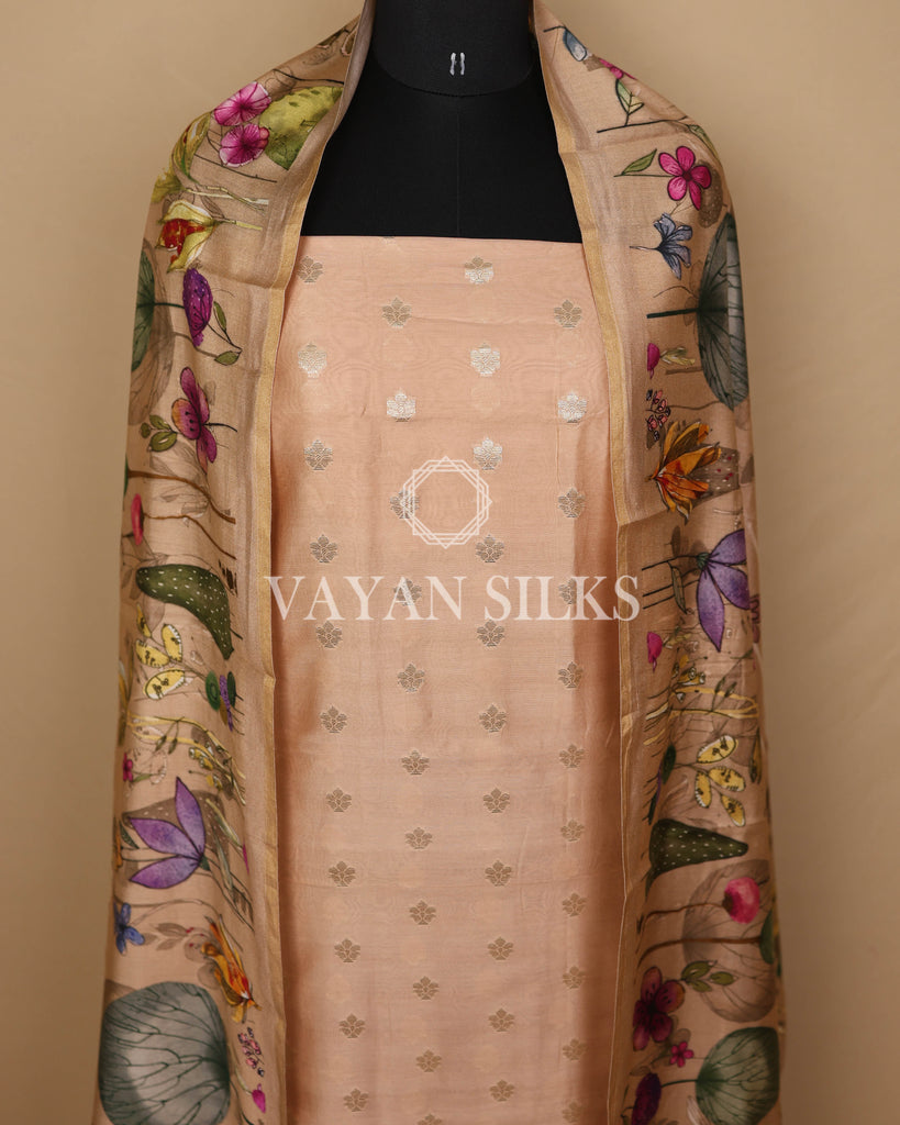 Peach Banarasi Silk Unstitched Suit Set