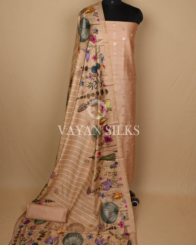 Peach Banarasi Silk Unstitched Suit Set