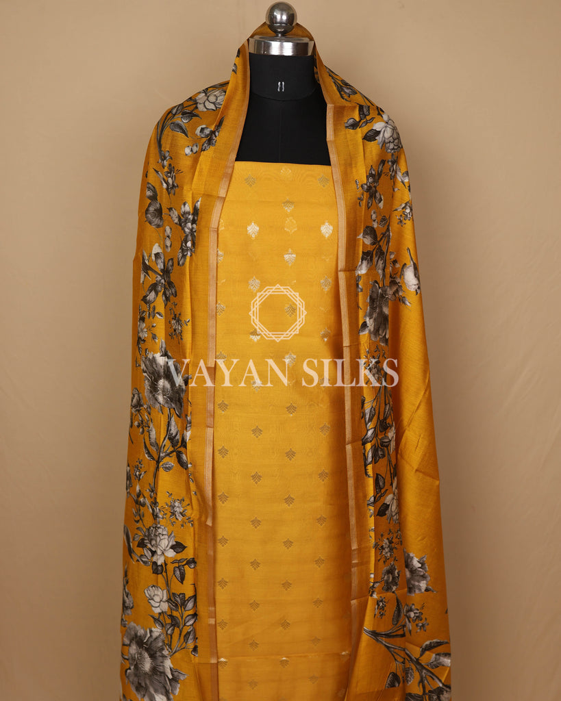 Mustard Banarasi Silk Unstitched Suit Set