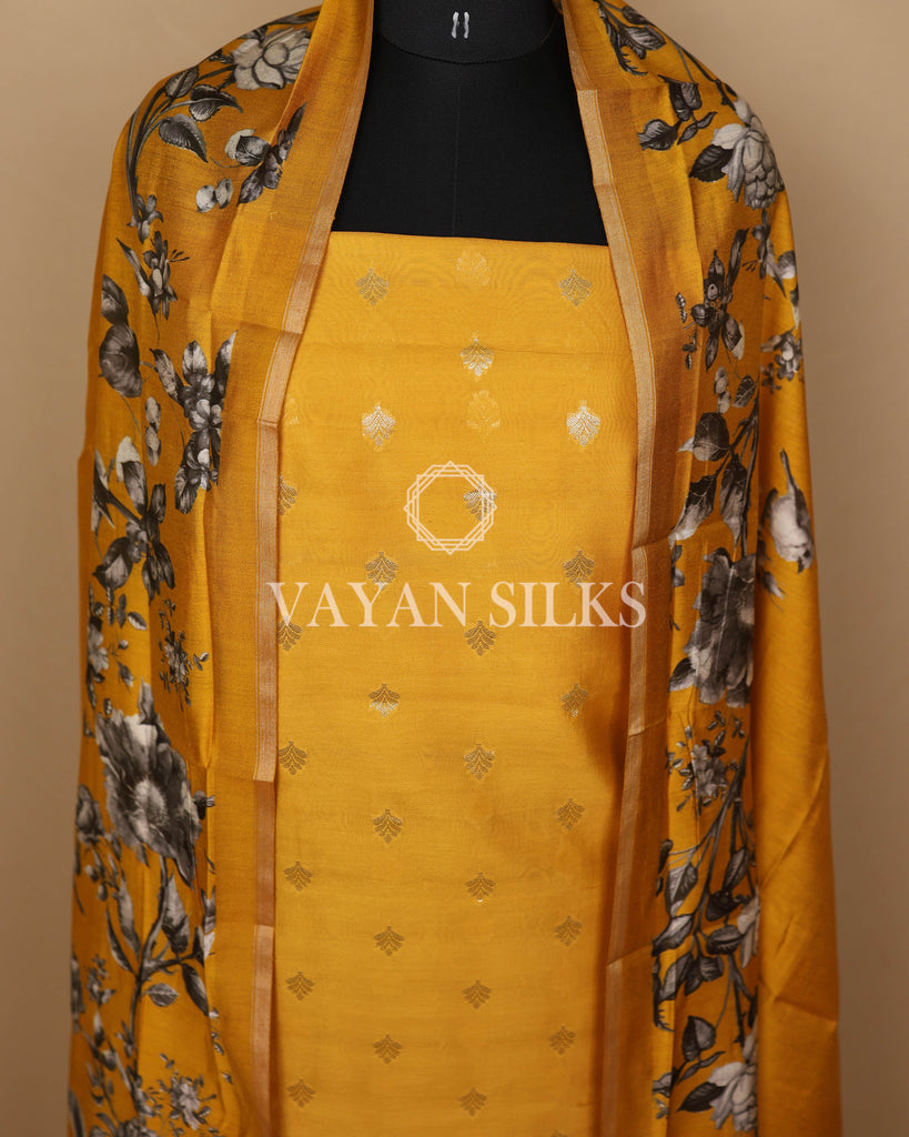 Mustard Banarasi Silk Unstitched Suit Set