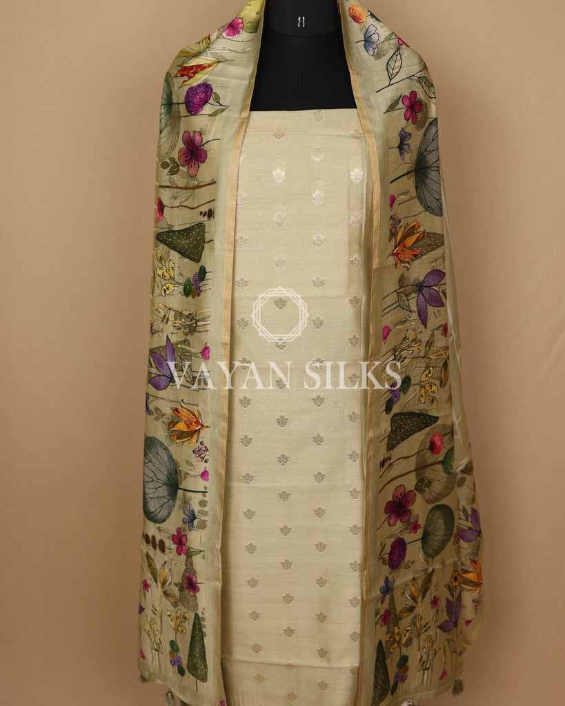 Pistachio Banarasi Silk Unstitched Suit Set