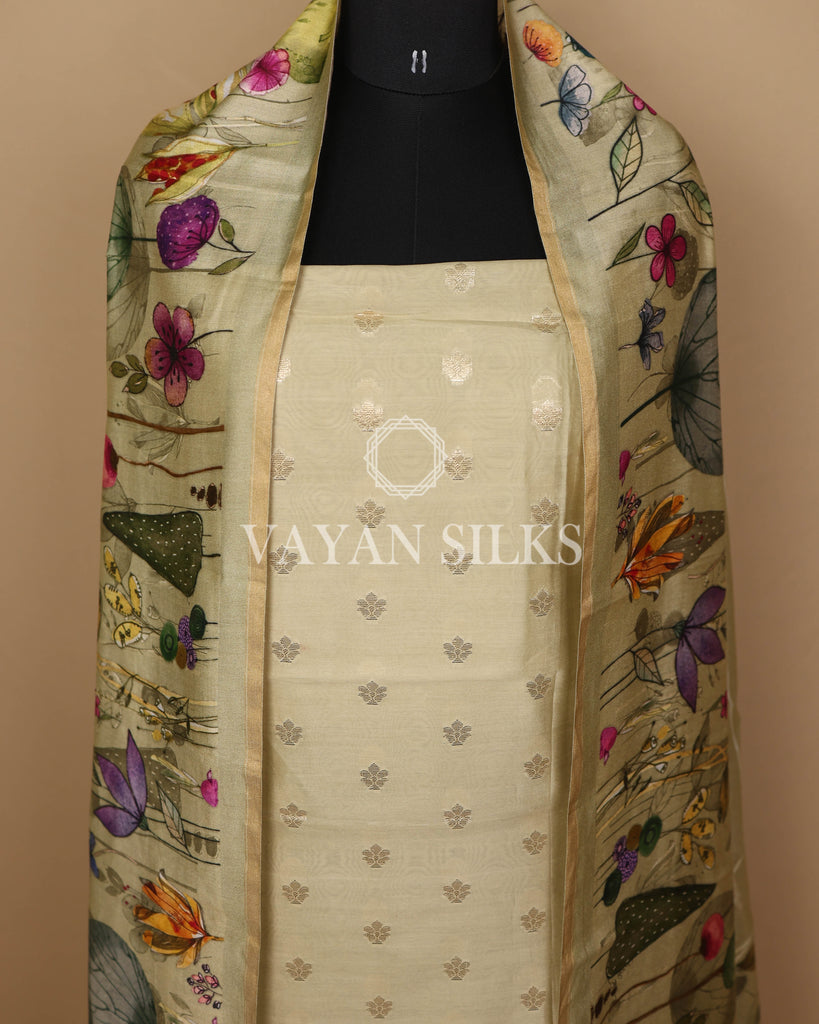 Pistachio Banarasi Silk Unstitched Suit Set