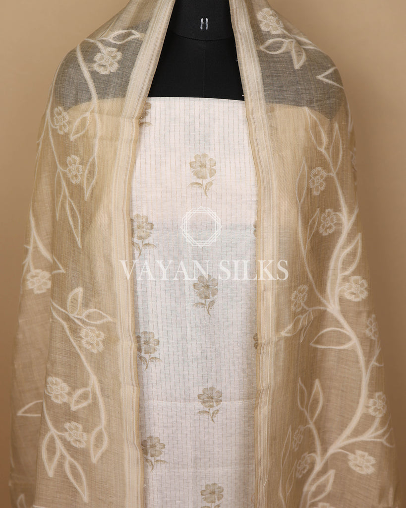 Beige Off White Banarasi Silk Unstitched Suit Set
