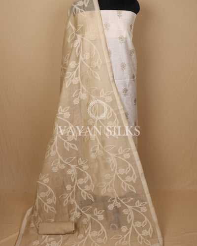 Beige Off White Banarasi Silk Unstitched Suit Set