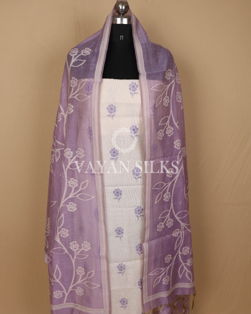 White Banarasi Silk Unstitched Suit Set