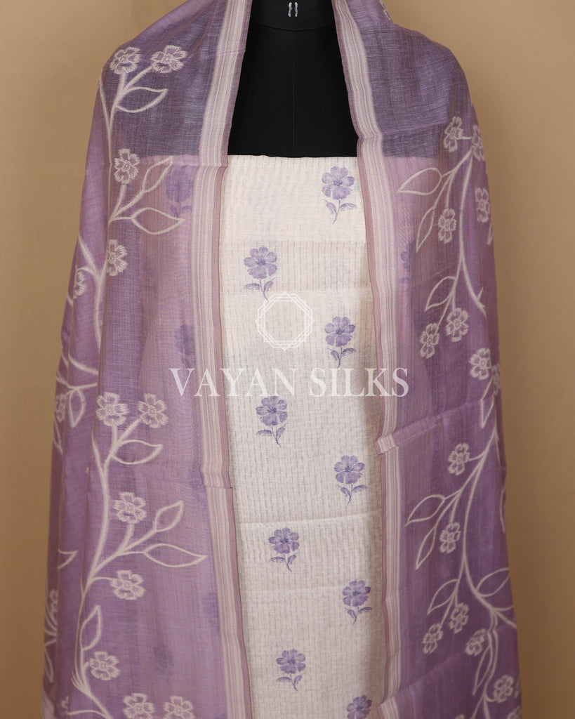 White Banarasi Silk Unstitched Suit Set