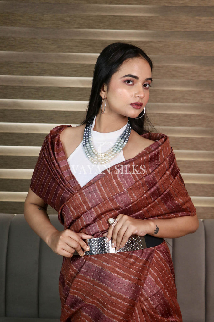 Brown Handwoven Pure Tussar Silk Saree