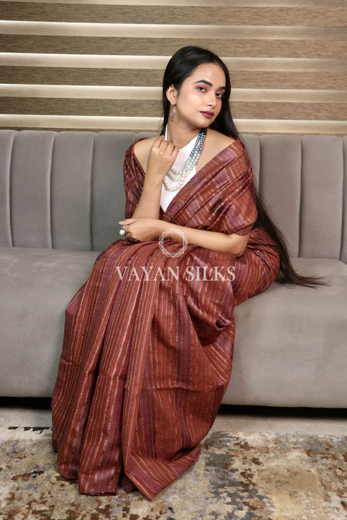 Brown Handwoven Pure Tussar Silk Saree