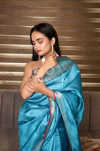 Load image into Gallery viewer, Blue Handwoven Pure Tussar Silk Saree