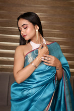 Load image into Gallery viewer, Blue Handwoven Pure Tussar Silk Saree