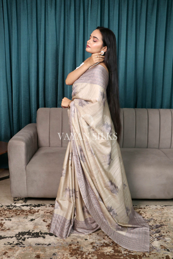 Grey Beige Printed Semi Tussar Saree