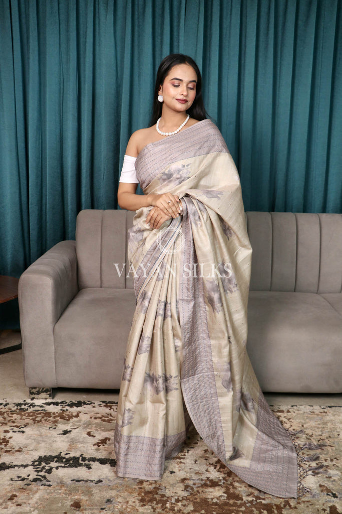 Grey Beige Printed Semi Tussar Saree