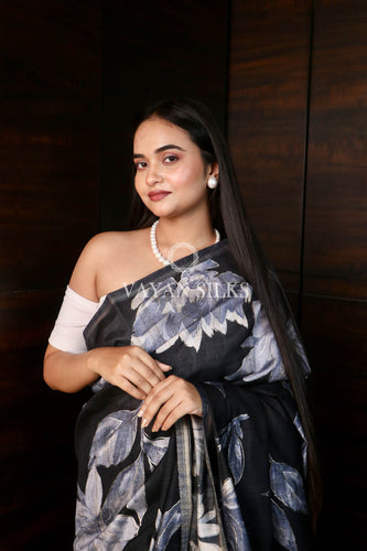 Black Navy Blue Color Printed Semi Tussar Saree