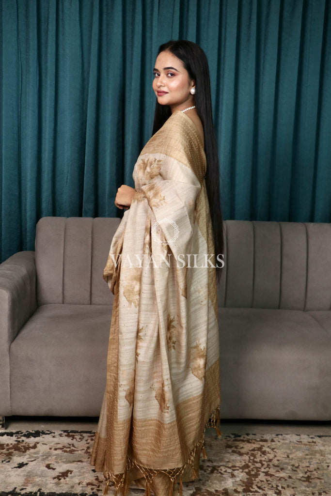 Mustard Beige Printed Semi Tussar Saree