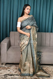 Olive-Grey Color Printed Semi Tussar Saree