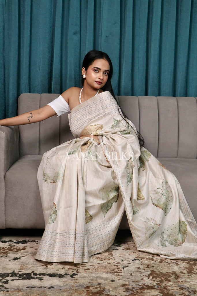 Off-White Green Printed Semi Tussar Saree