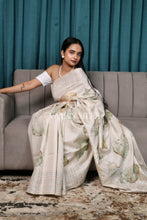 Load image into Gallery viewer, Off-White Green Printed Semi Tussar Saree