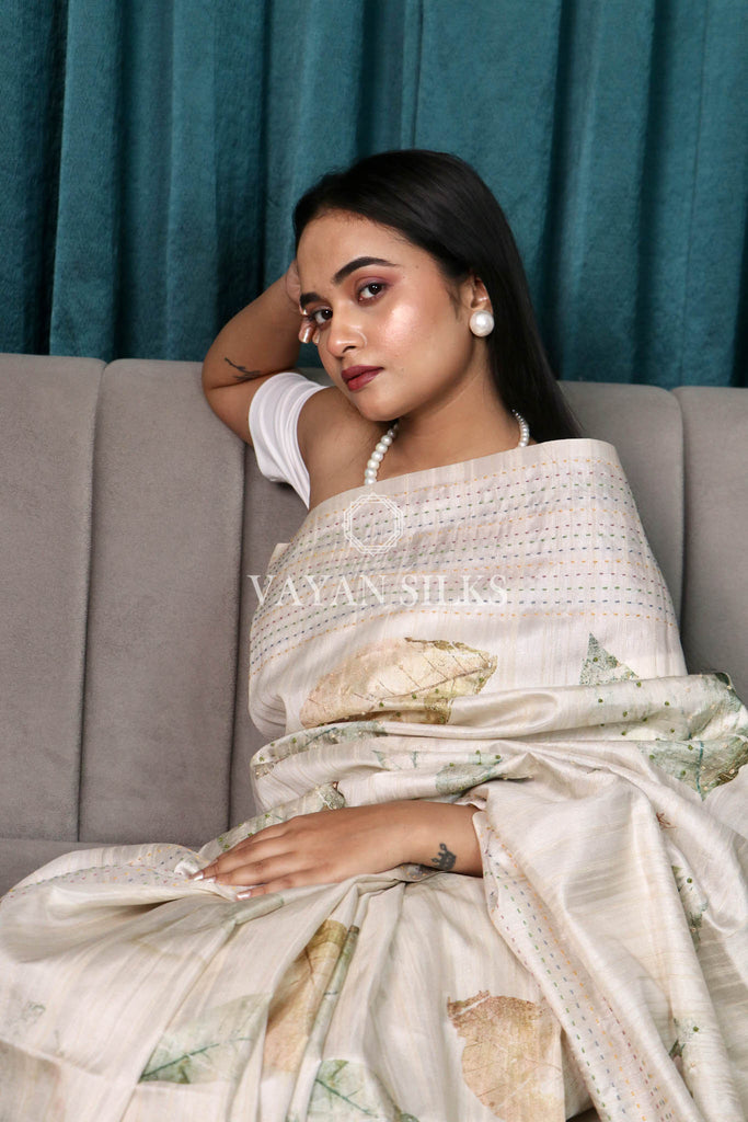 Off-White Green Printed Semi Tussar Saree