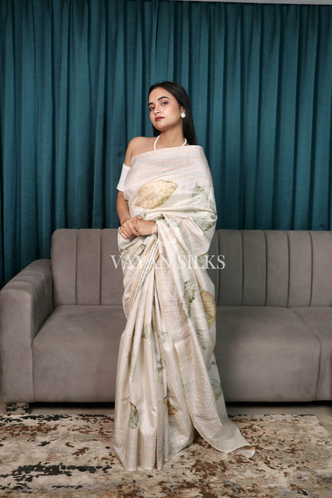 Off-White Green Printed Semi Tussar Saree