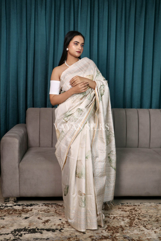 Off-White Green Printed Semi Tussar Saree