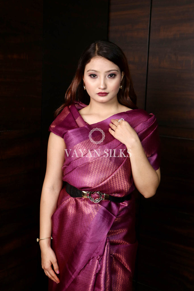 Magenta Copper Zari Pure Tussar Silk Saree