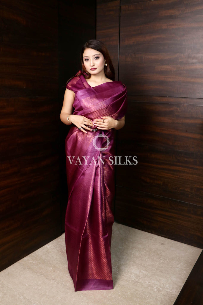 Magenta Copper Zari Pure Tussar Silk Saree